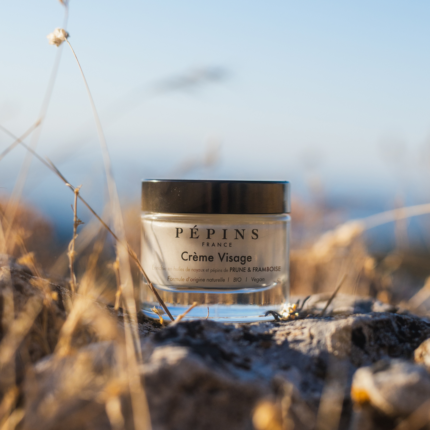 Crème Visage by Pépins France in a natural setting, highlighting clean and vegan skincare.