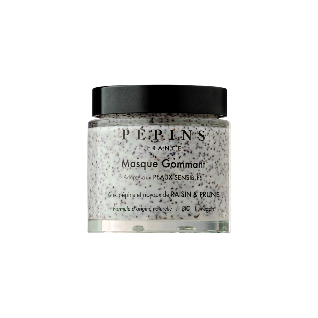 Masque gommant Pépins France dans un pot transparent, formulé avec des ingrédients exfoliants naturels, idéal pour les peaux sensibles.