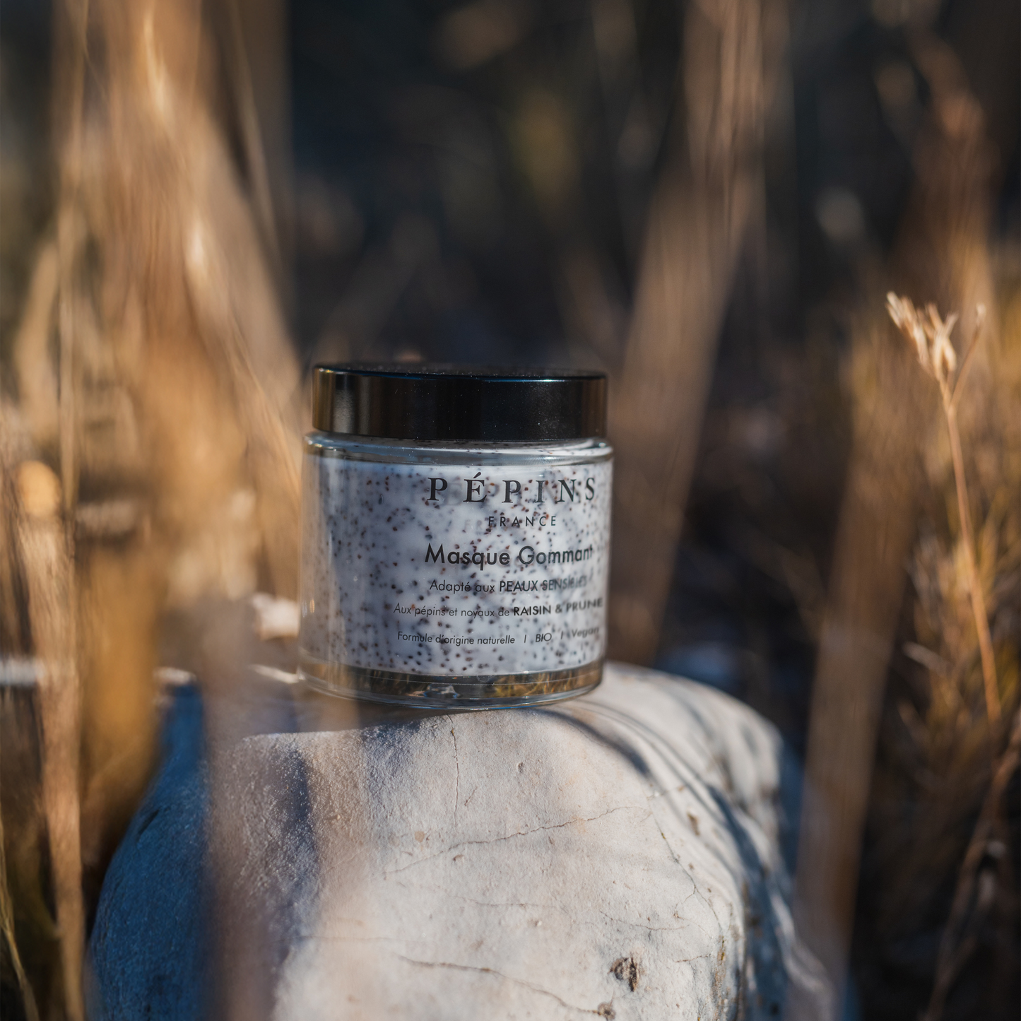 Pot de Masque Gommant posé sur un rocher, entouré de hautes herbes, sous une lumière naturelle.